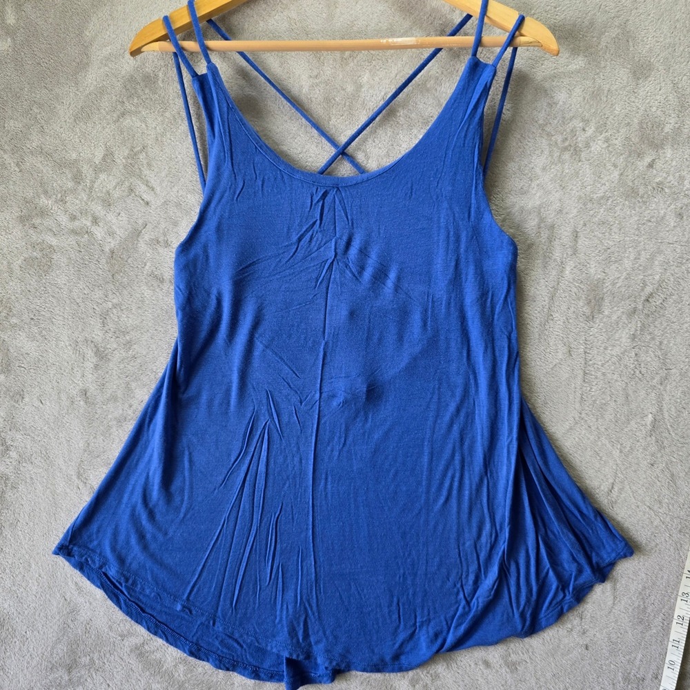 American Dream Women Blue Strappy Criss Cross Back Flowy Tank Top Large